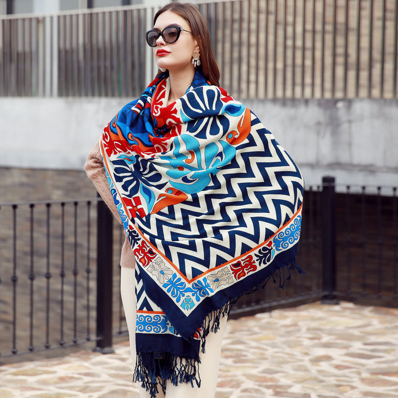 Anyyou 100% Merino Wool Blue Chevron Neck Wrap Silk Satin Large Winter Scarf Pashmina Shawl Bandana Perfect For Women Ladies Fashion Style