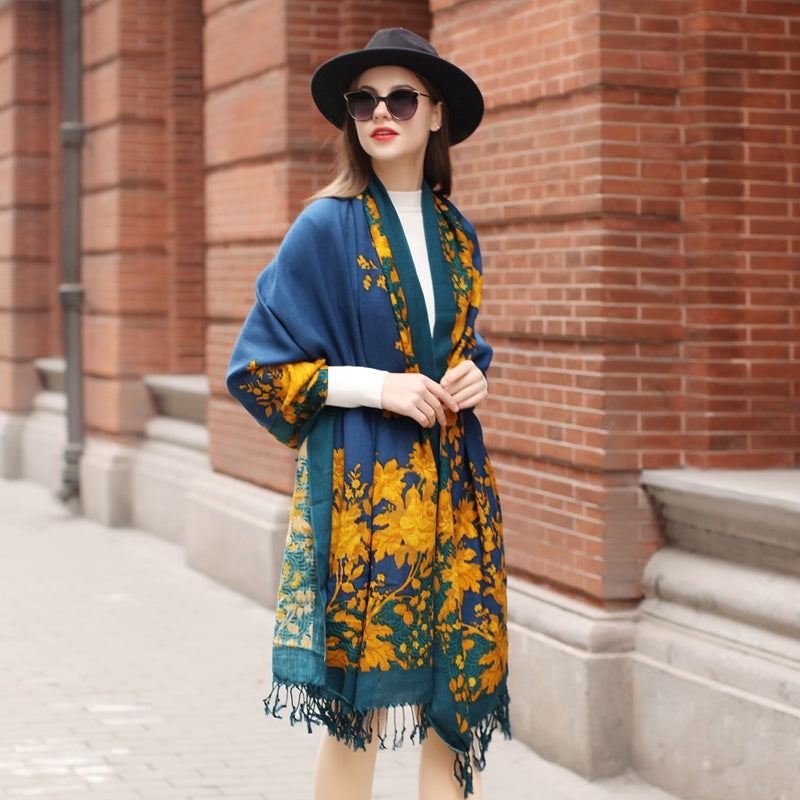 Anyyou 100% Merino Wool Yellow Blue Royal  Silk Satin Large Winter Scarf Pashmina Shawl Bandana Perfect For Women Ladies Fashion Style