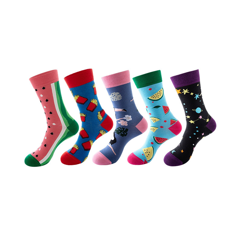 Anyfootwear 5 Pairs One Size 5-11 Mixed Color Set Christmas Socks Cotton Fashion Fruits and Stars Woman Skateboard Oil Paitiing