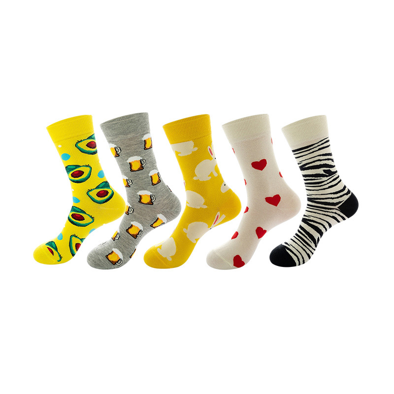 Anyfootwear 5 Pairs One Size 5-11 Mixed Color Set Christmas Socks Cotton Fashion Heart  and Fruits Woman Skateboard Oil Paitiing