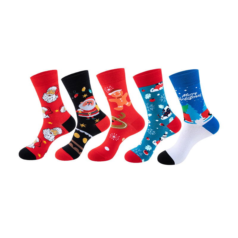 Anyfootwear 5 Pairs One Size 5-11 Mixed Color Set Christmas Socks Cotton Fashion Santa Clause Woman Skateboard Oil Paitiing
