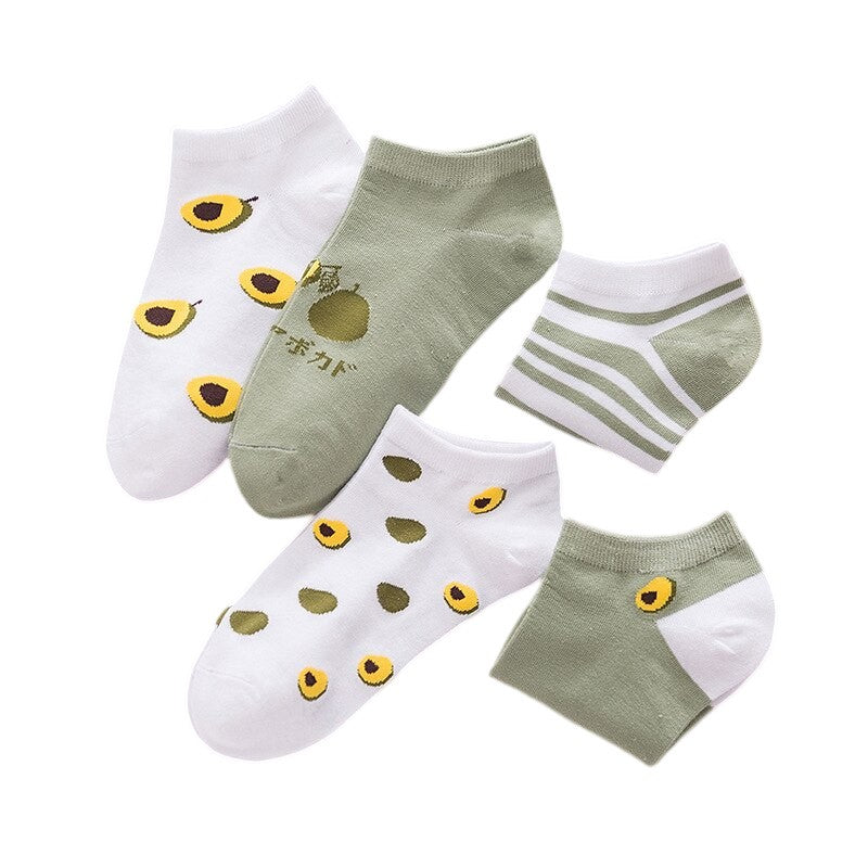 Anyfootwear 5 Pairs One Size 5-9 Mix Avocado Liner Cotton And Spandex Socks With Fruit Creative Design Brand Perfect for Women