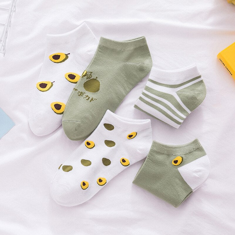 Anyfootwear 5 Pairs One Size 5-9 Mix Avocado Liner Cotton And Spandex Socks With Fruit Creative Design Brand Perfect for Women