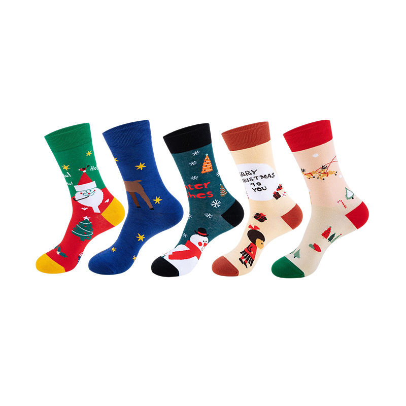Anyfootwear 5 Pairs One Size 5-11 Mixed Color Set Christmas Socks Combed Cotton Fashion Hip-Hop Woman Skateboard Oil Paitiing