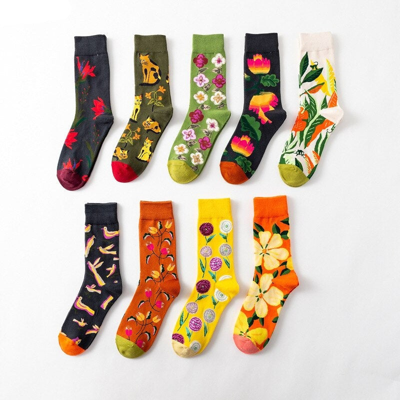 Anyfootwear 5 Pairs One Size 5-11 Mixed Color Socks Floral Cotton Fashion Woman Skateboard Oil Paitiing