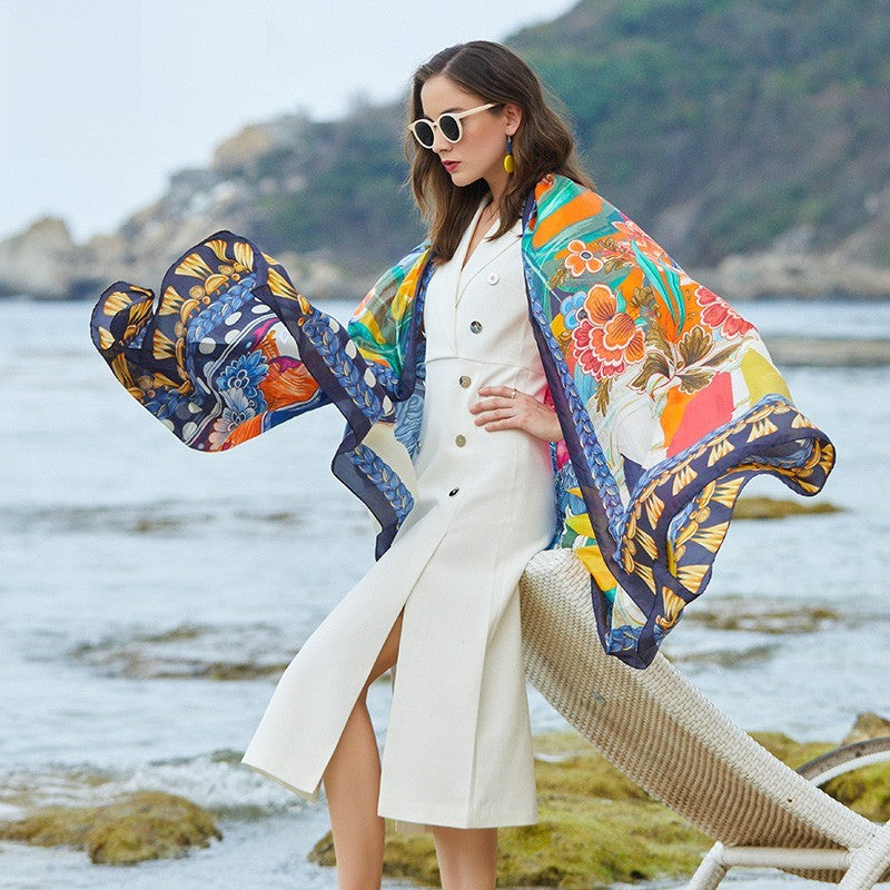 Anyyou 100% Mulberry Silk Blue Long Scarf Luxury Brand Women Beach Shawl Wear Swimwear Pashimina Face Shield Foulard