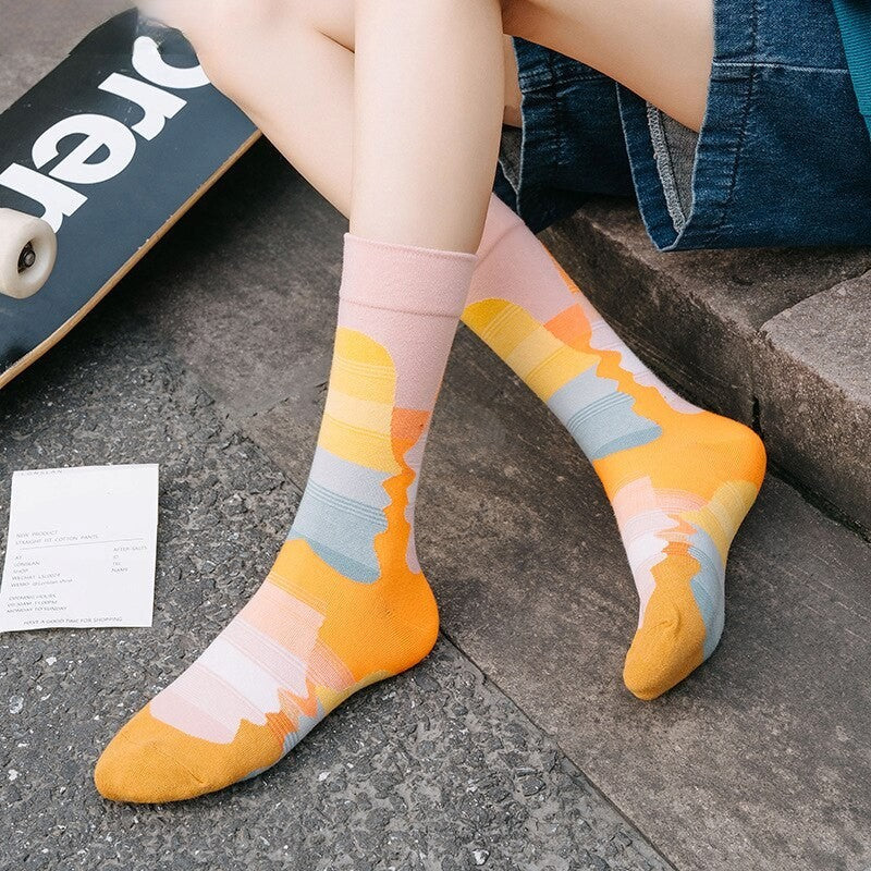 Anyfootwear 5 Pairs Size 5-9 Fashion Socks Combed Cotton Art Multi Color Checkered Abstract Oil Painting Novelty Happy Funny Christmas Gift for Women