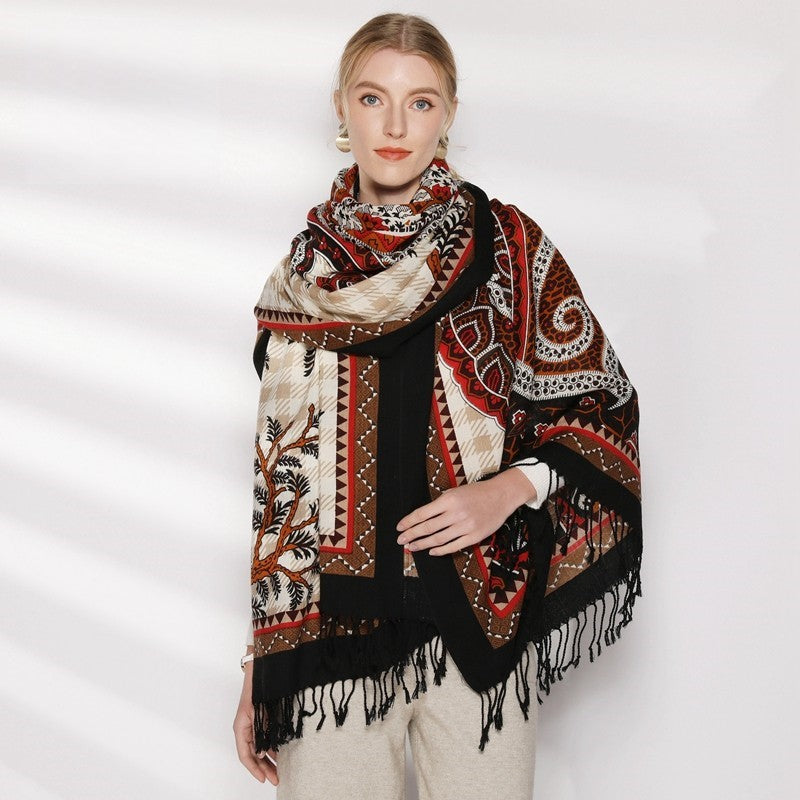 Anyyou 100% Merino Wool Black Dark Brown Symbolic Patterns Silk Satin Large Winter Scarf Pashmina Shawl Bandana Perfect For Women Ladies Fashion Style