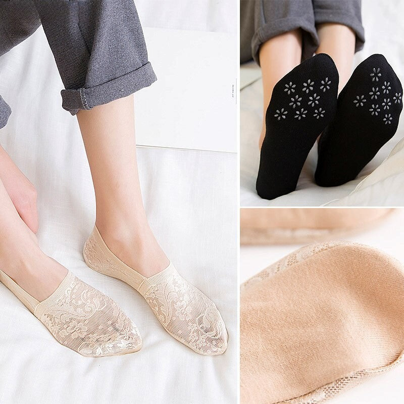 Anyfootwear 5 Pairs Size 5-9 Fashion Socks Lace Flower Style Breathable Antiskid Invisible Ankle Socks for Women (2 Beige, 3 Black)