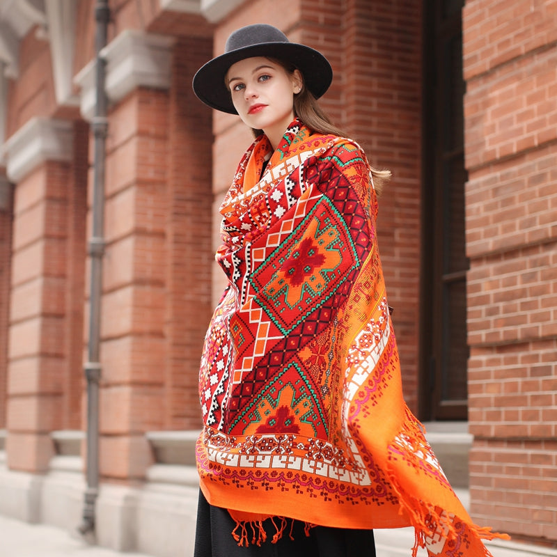 Anyyou 100% Merino Wool Red-Orange  Silk Satin Large Winter Scarf Pashmina Shawl Bandana Perfect For Women Ladies Fashion Style