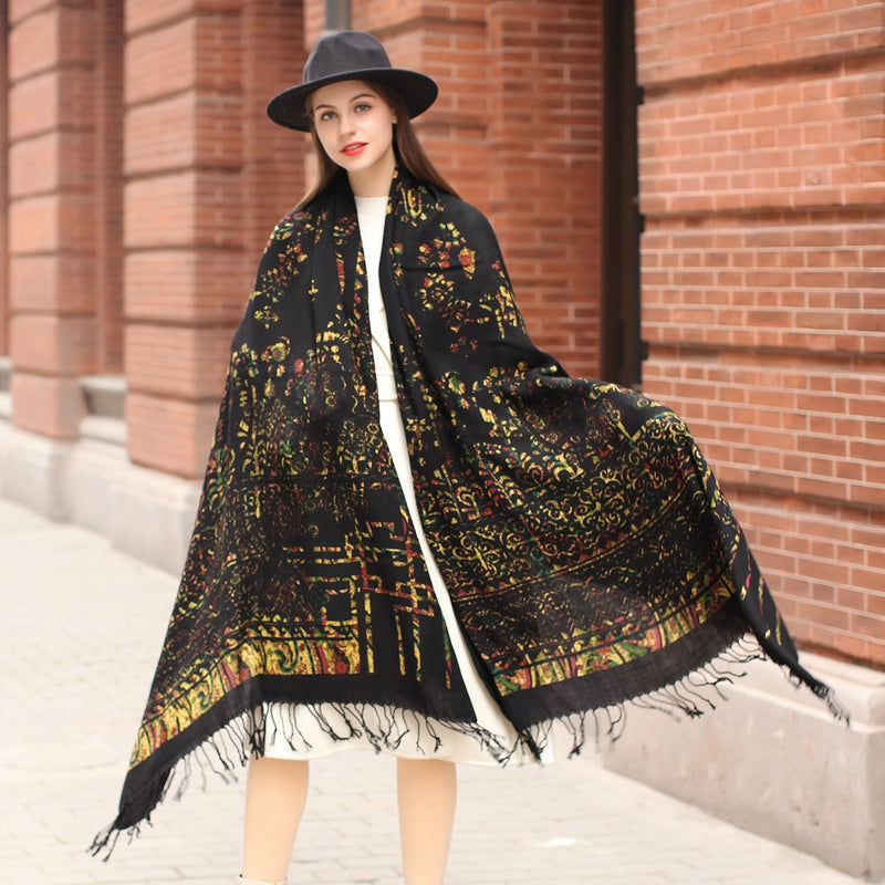 Anyyou 100% Merino Wool Brown Creative Pattern  Silk Satin Large Winter Scarf Pashmina Shawl Bandana Perfect For Women Ladies Fashion Style