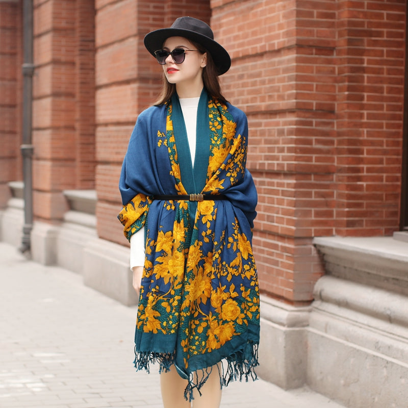 Anyyou 100% Merino Wool Yellow Blue Royal  Silk Satin Large Winter Scarf Pashmina Shawl Bandana Perfect For Women Ladies Fashion Style