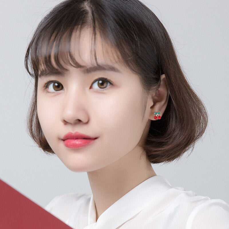 ANYCO Fashion Earrings Genuine Sterling Silver Romantic Sweet Red Zircon Cherry Fruit Studs For Girls Accessory Jewelry