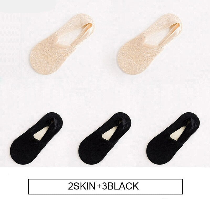 Anyfootwear 5 Pairs Size 5-9 Fashion Socks Lace Flower Style Breathable Antiskid Invisible Ankle Socks for Women (2 Beige, 3 Black)