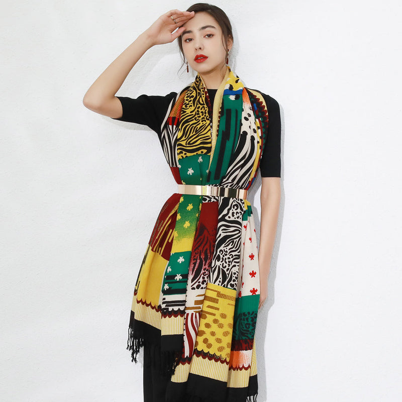 Anyyou 100% Merino Wool Yellow Multipattern  Silk Satin Large Winter Scarf Pashmina Shawl Bandana Perfect For Women Ladies Fashion Style