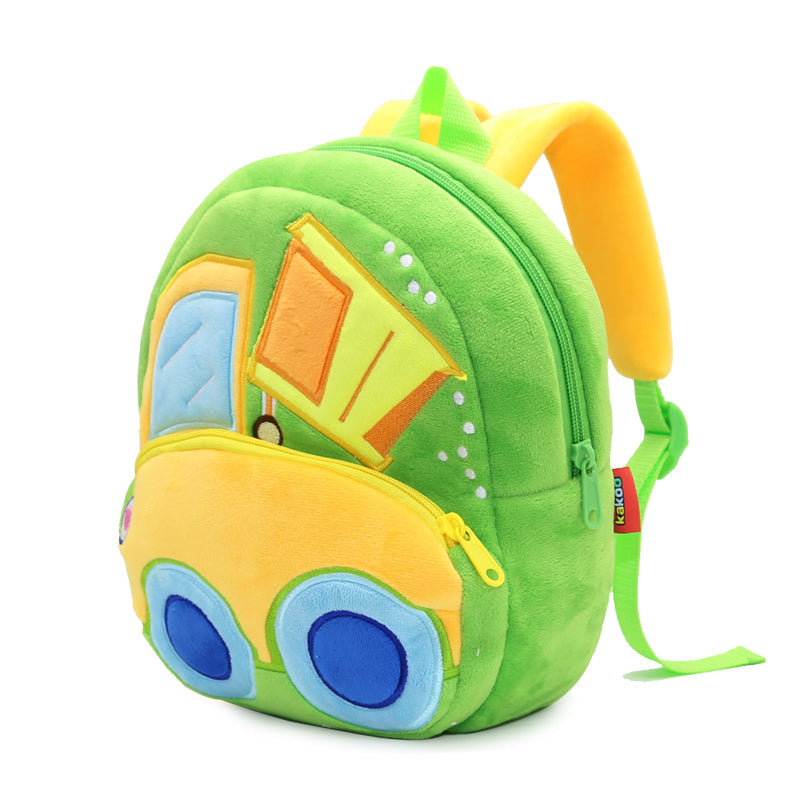 ANYKIDZ 3D Green Car Dumper Kids School Backpack Cute Cartoon Animal Style Children Toddler Plush Bag Perfect Accessories For Boys and Girls