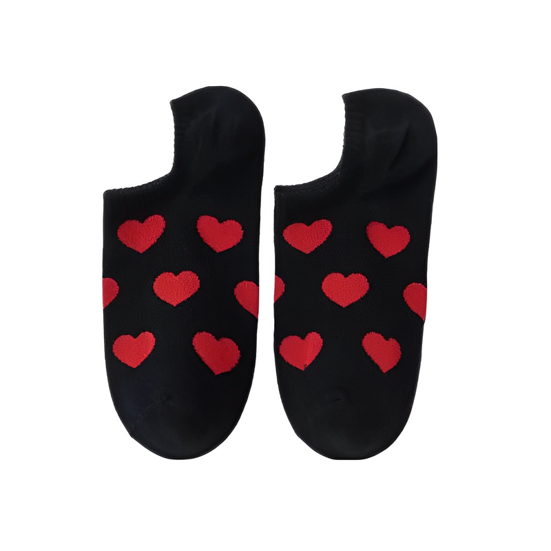 Anyfootwear 5 Pairs Size 36-39 Black with Red Hearts Fashion Socks High Quality Breathable Cotton Foor Wear for Ladies