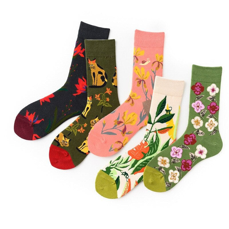 Anyfootwear 5 Pairs One Size 5-11 Mixed Color Socks Floral Cotton Fashion Woman Skateboard Oil Paitiing