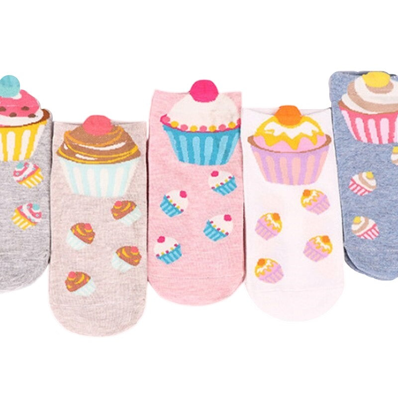 Anyfootwear 5 Pairs One Size 5-9 Multicolor Cake Summer Invisible Female Fashion Casual Cute Cartoon Short Cotton Ladies Dropship