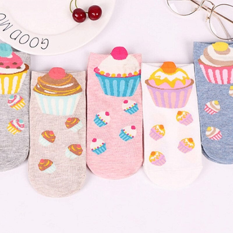 Anyfootwear 5 Pairs One Size 5-9 Multicolor Cake Summer Invisible Female Fashion Casual Cute Cartoon Short Cotton Ladies Dropship