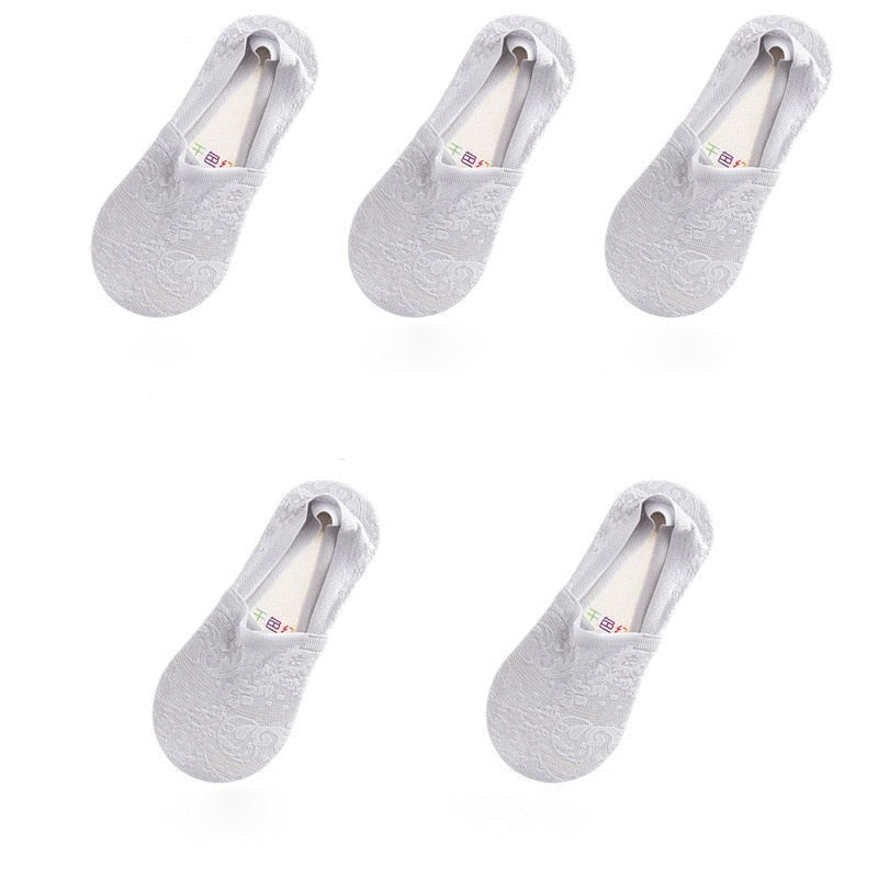Anyfootwear 5 Pairs Size 5-9 Fashion Socks Lace Flower Style Breathable Antiskid Invisible Ankle Socks for Women Grey