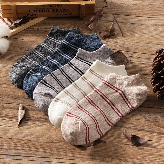 Anyfootwear 5 Pairs One Size 5-11 Multicolor Lines Spring Summer Unisex Navy Solid Striped Cotton Ankle Casual Socks