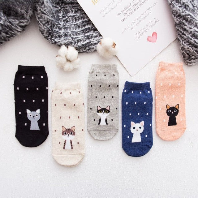 Anyfootwear 5 Pairs One Size 5-9 Kitty Spring Summer Fashion Women Cotton Sox Cartoon Cute Girl Happy Funny Socks