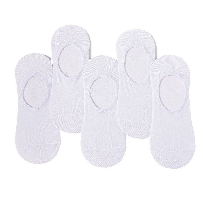 Anyfootwear 5 Pairs Size 4-9 White Boat Socks Summer Thin Invisible Cotton Non-Slip Silicone Breathable Pure Color For Men