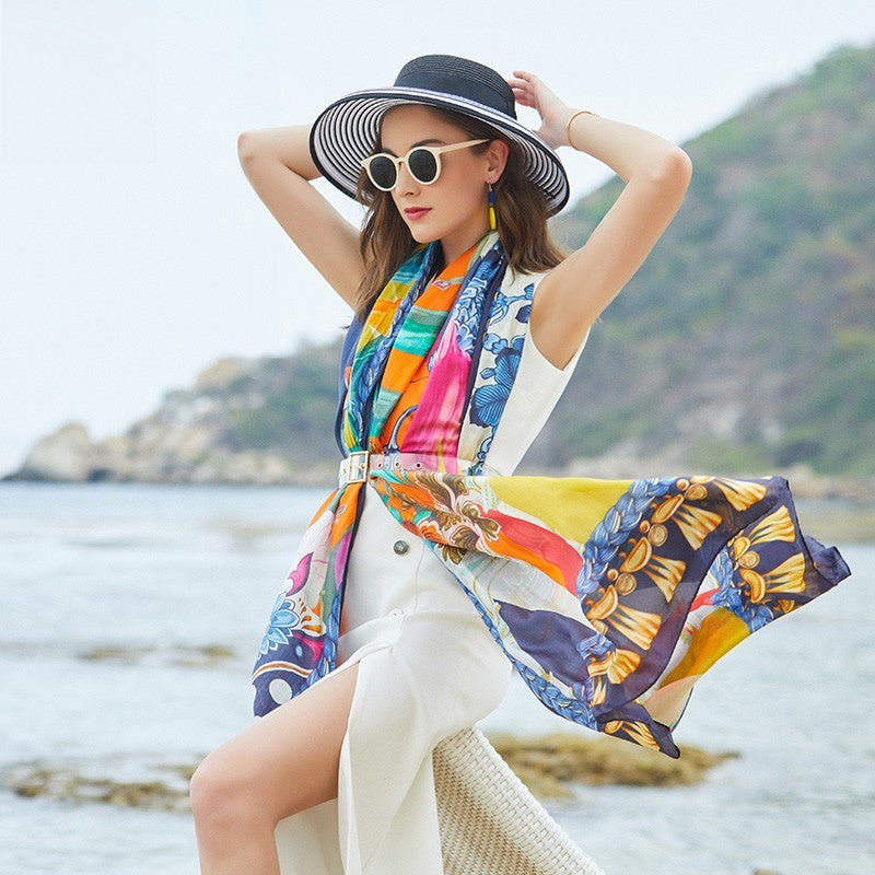 Anyyou 100% Mulberry Silk Blue Long Scarf Luxury Brand Women Beach Shawl Wear Swimwear Pashimina Face Shield Foulard