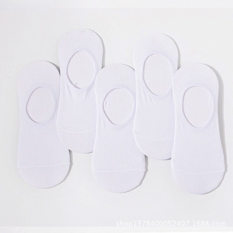 Anyfootwear 5 Pairs Size 4-9 White Boat Socks Summer Thin Invisible Cotton Non-Slip Silicone Breathable Pure Color For Men
