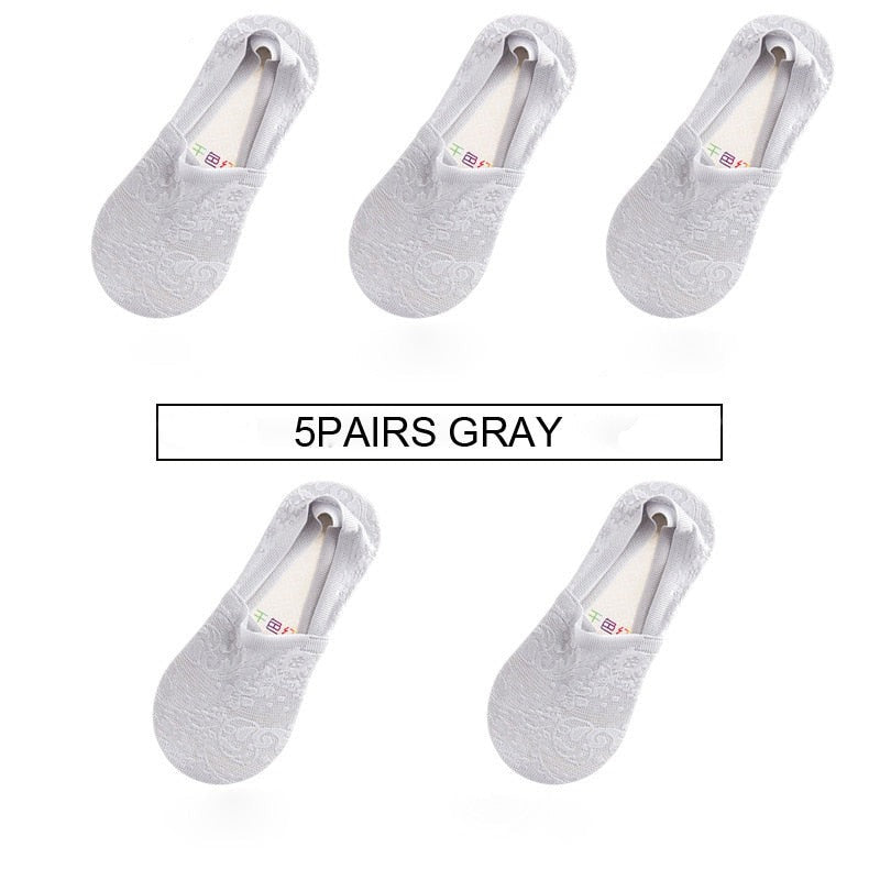 Anyfootwear 5 Pairs Size 5-9 Fashion Socks Lace Flower Style Breathable Antiskid Invisible Ankle Socks for Women Grey