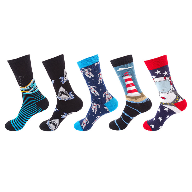 Anyfootwear 5 Pairs One Size 5-11 Mixed Color Set Christmas Socks Shark Cotton Fashion Woman Skateboard Oil Paitiing