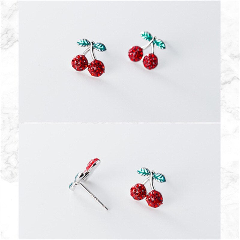 ANYCO Fashion Earrings Genuine Sterling Silver Romantic Sweet Red Zircon Cherry Fruit Studs For Girls Accessory Jewelry