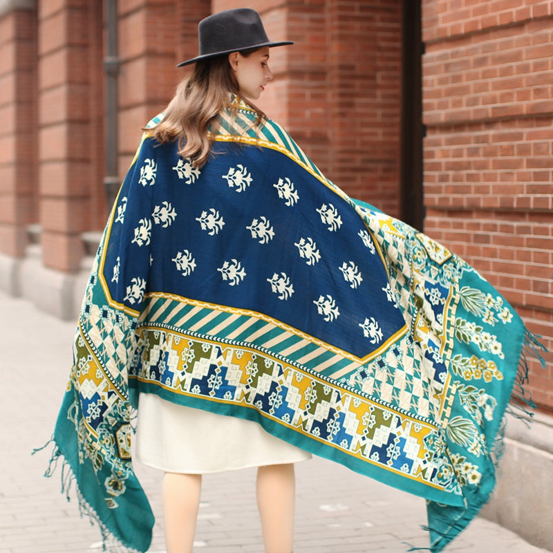 Anyyou 100% Merino Wool Blue Biege  Silk Satin Large Winter Scarf Pashmina Shawl Bandana Perfect For Women Ladies Fashion Style