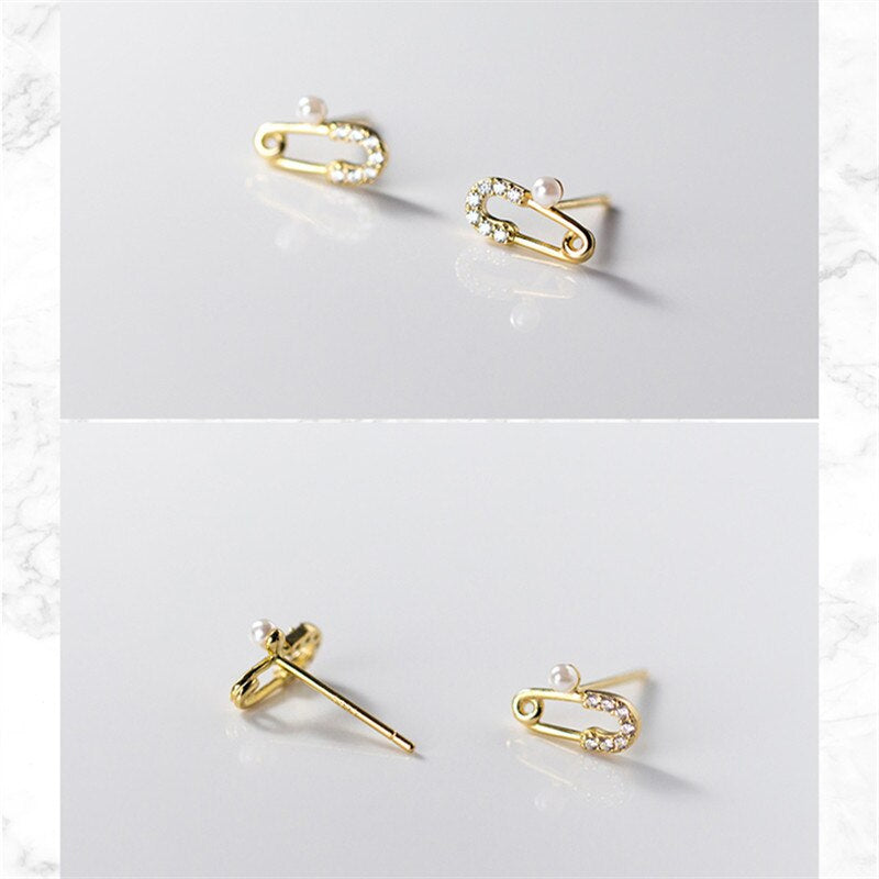 ANYCO Fashion Earrings Chic Small Pave Zircon Paper Clip Pin Stud Genuine Sterling Silver Jewelry Gift for Women