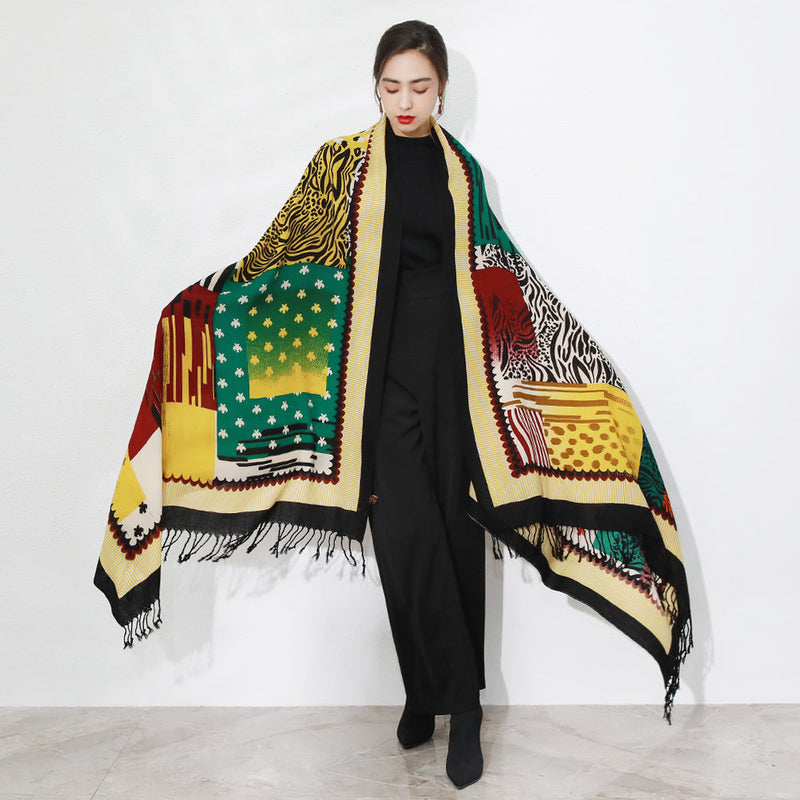 Anyyou 100% Merino Wool Yellow Multipattern  Silk Satin Large Winter Scarf Pashmina Shawl Bandana Perfect For Women Ladies Fashion Style