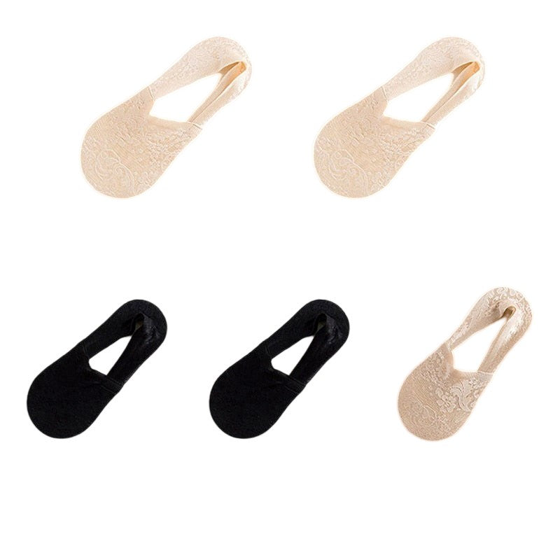 Anyfootwear 5 Pairs Size 5-9 Fashion Socks Lace Flower Style Breathable Antiskid Invisible Ankle Socks for Women (2 Skin, 2 Black, 1 Khaki)