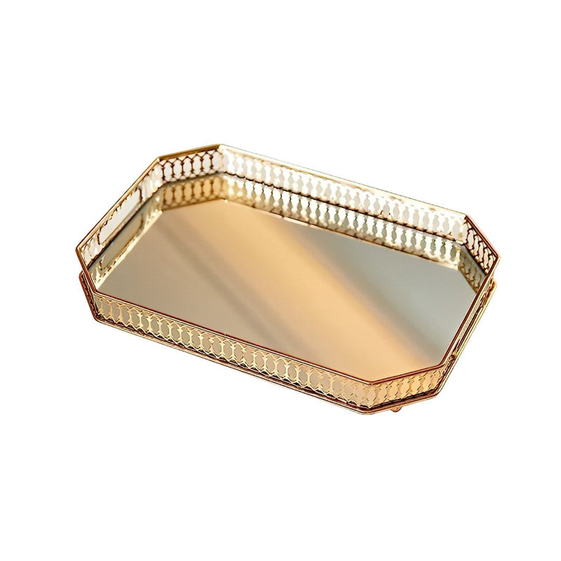 ANYHOUZ 35cm Gold Rectangle Glass Mirror Base Metal Vanity Food Serving Organisr Jewelry Cosmetics Storage Tray with Handle