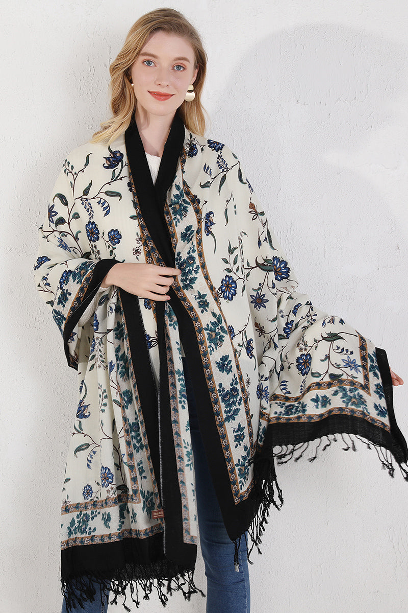 Anyyou 100% Merino Wool Blue Flower Design  Silk Satin Large Winter Scarf Pashmina Shawl Bandana Perfect For Women Ladies Fashion Style