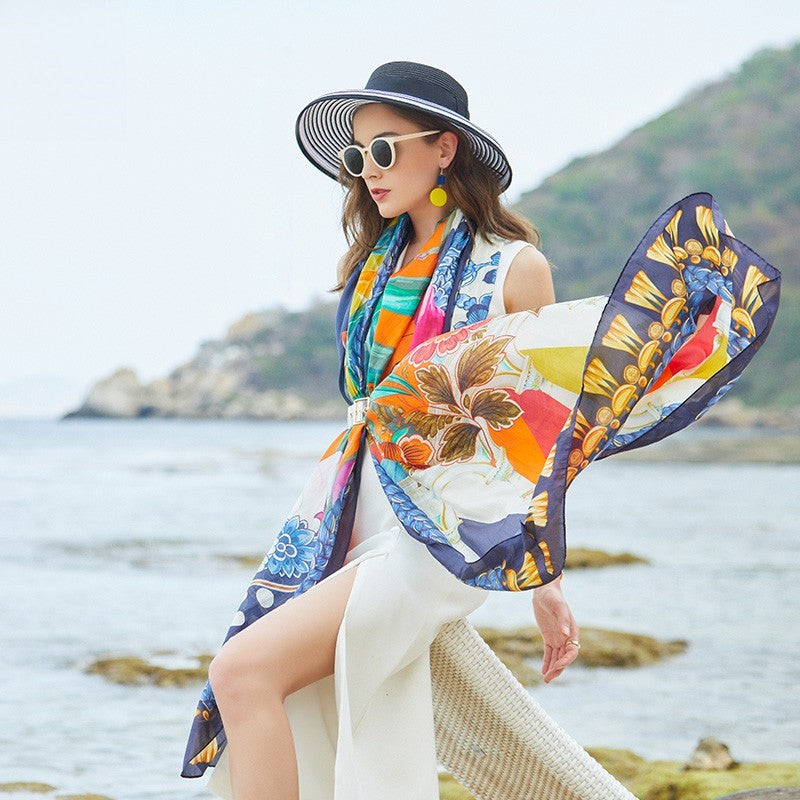 Anyyou 100% Mulberry Silk Blue Long Scarf Luxury Brand Women Beach Shawl Wear Swimwear Pashimina Face Shield Foulard