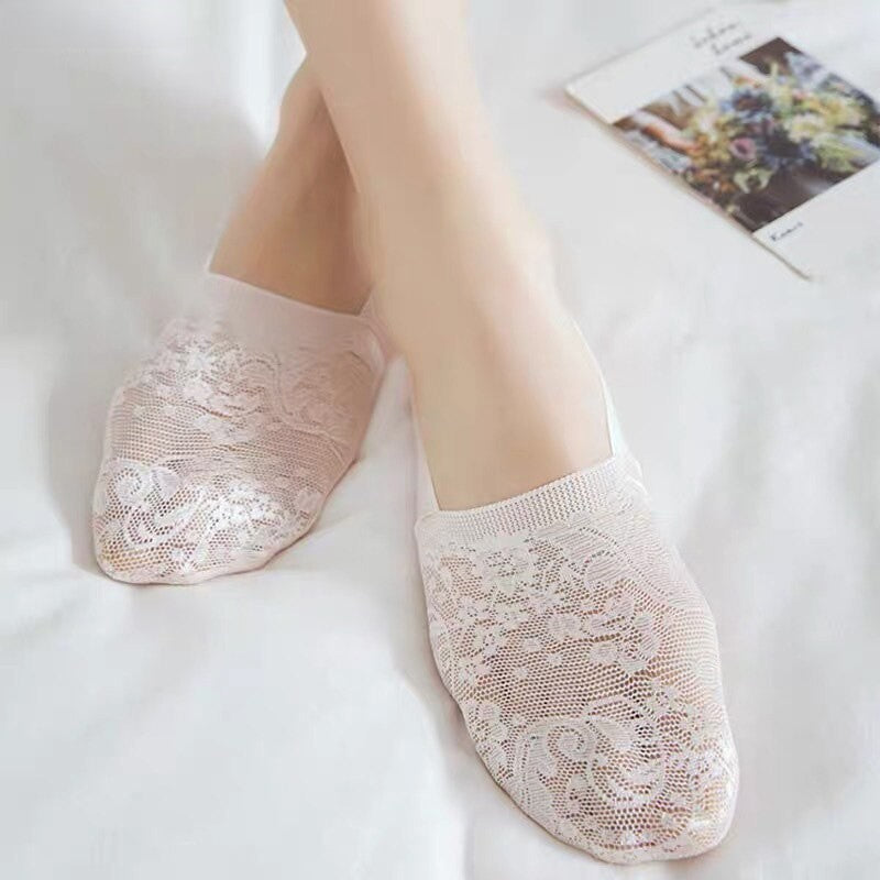 Anyfootwear 5 Pairs Size 5-9 Fashion Socks Lace Flower Style Breathable Antiskid Invisible Ankle Socks for Women Beige
