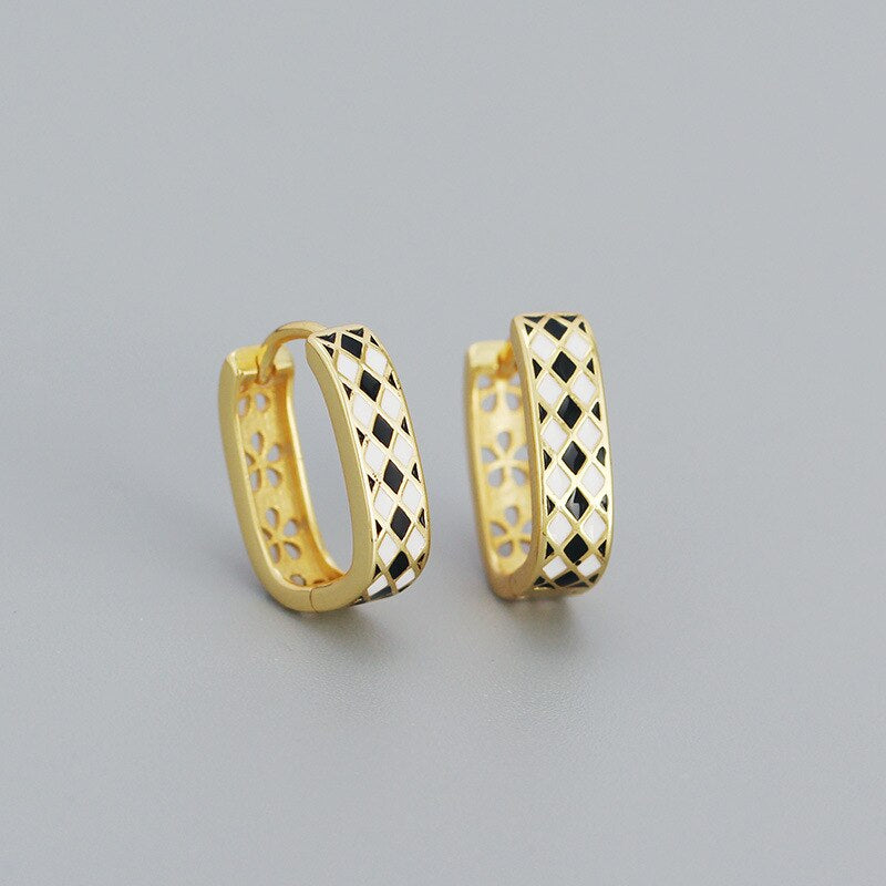 ANYCO Hoop Fashion Earrings Statement Checkerboard Enamel Ear Buckle Women Charms Punk Party Jewelry Gold