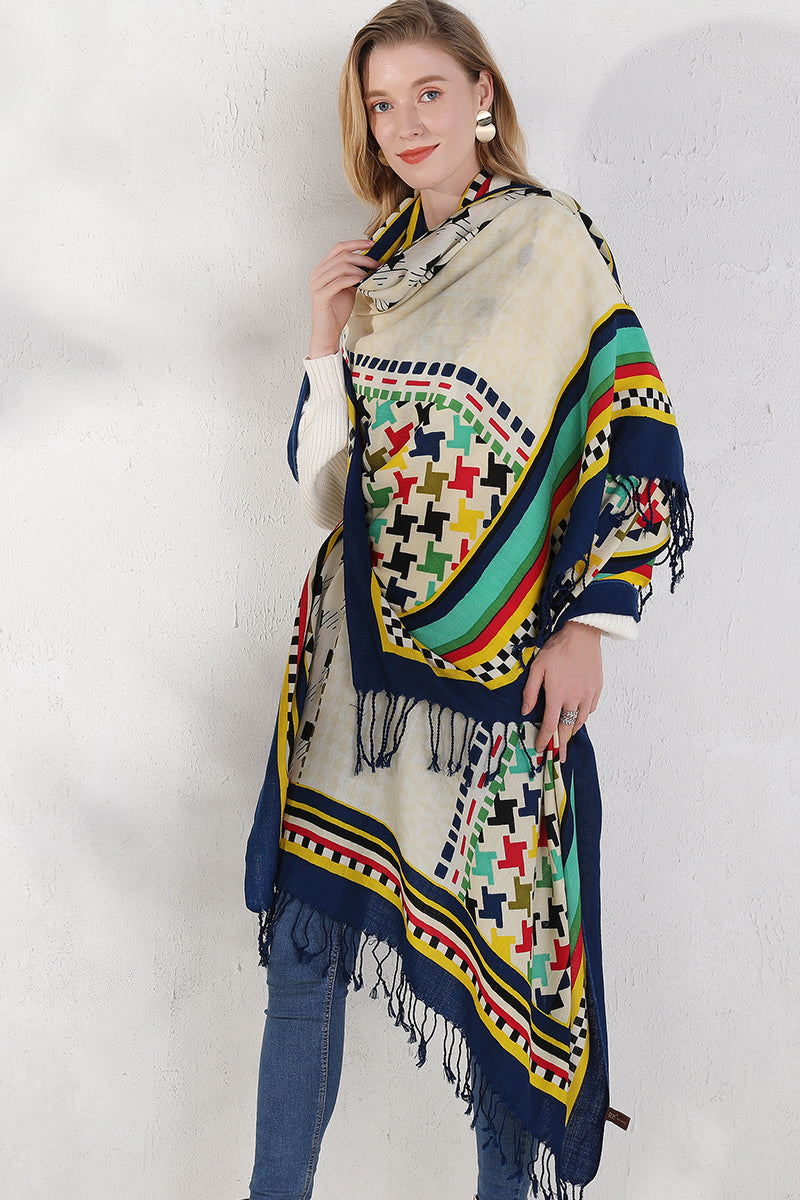 Anyyou 100% Merino Wool Blue Yellow Cab Pattern  Silk Satin Large Winter Scarf Pashmina Shawl Bandana Perfect For Women Ladies Fashion Style