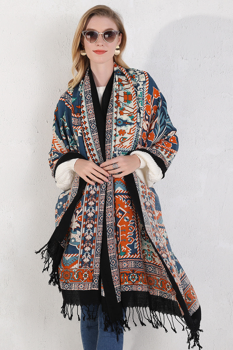 Anyyou 100% Merino Wool Blue Black And Orange  Silk Satin Large Winter Scarf Pashmina Shawl Bandana Perfect For Women Ladies Fashion Style