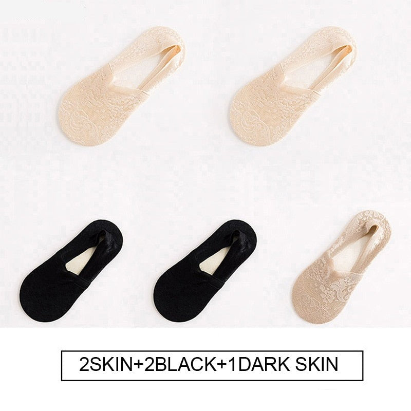 Anyfootwear 5 Pairs Size 5-9 Fashion Socks Lace Flower Style Breathable Antiskid Invisible Ankle Socks for Women (2 Skin, 2 Black, 1 Khaki)