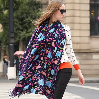 Anyyou 100% Pure Merino Wool Navy Blue Poncho Winter Large Scarf Pashmina Shawl Bandana Neck Wrap For Women