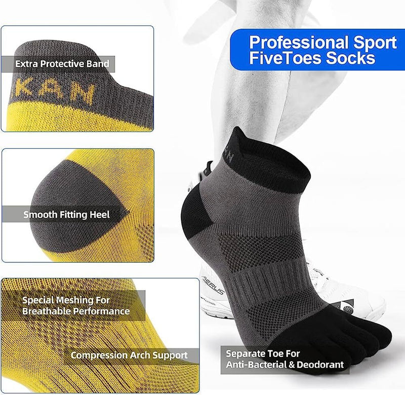 Anyfootwear 5 Pairs One Size 36-42 Yellow Men's Socks Cotton Breathable Sports Sweat Absorption Five-toe Anti-friction Back Short Tube