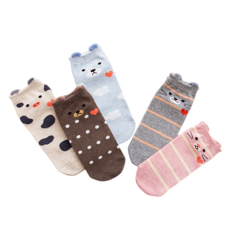 Anyfootwear 5 Pairs One Size 5-9 Mixed Color Farm Animals Spring Summer Fashion Women Cotton Sox Cartoon Cute Girl Happy Funny Socks