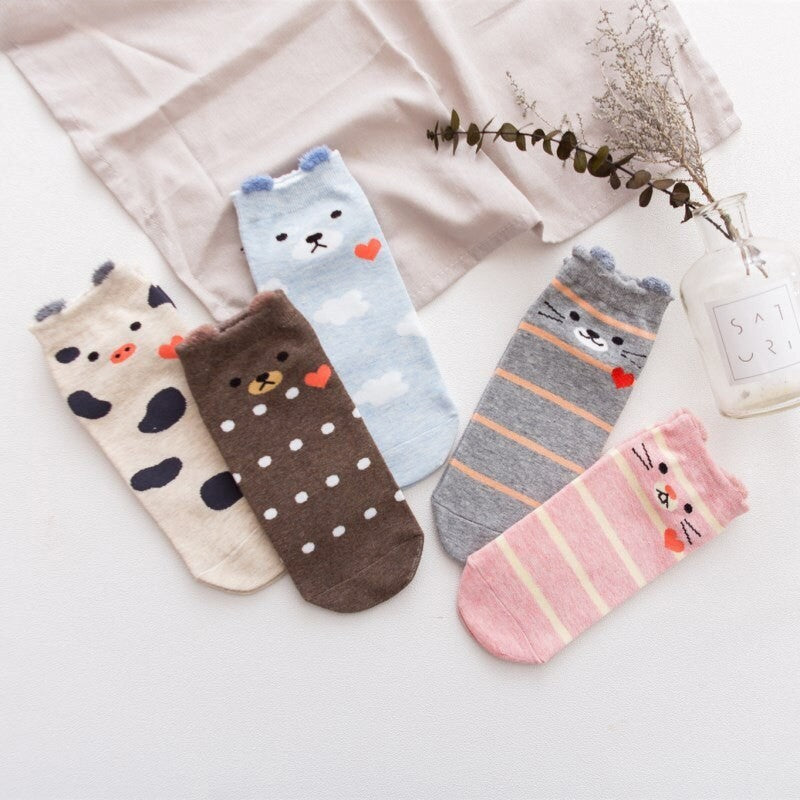 Anyfootwear 5 Pairs One Size 5-9 Mixed Color Farm Animals Spring Summer Fashion Women Cotton Sox Cartoon Cute Girl Happy Funny Socks