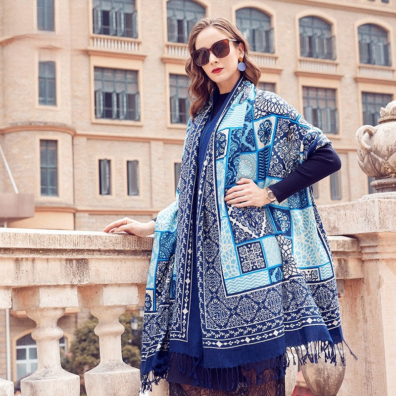 Anyyou 100% Merino Wool Navy Blue  Silk Satin Large Winter Scarf Pashmina Shawl Bandana Perfect For Women Ladies Fashion Style